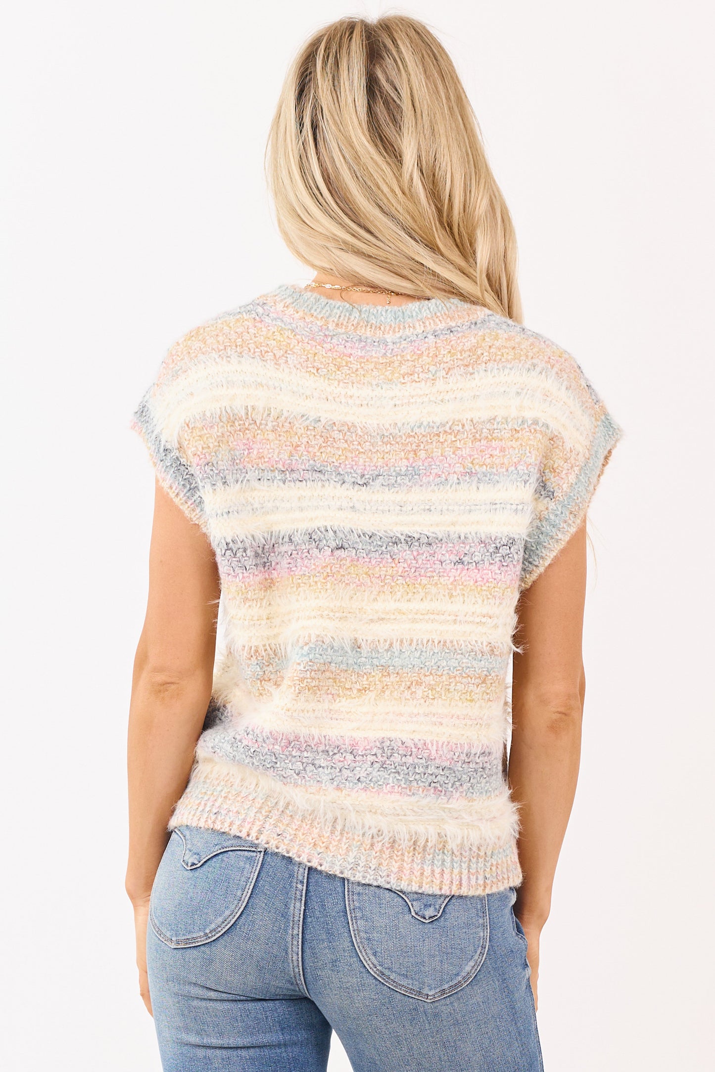 Cream Striped Fuzzy Short Sleeve Sweater Top