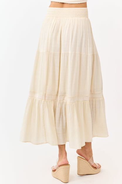 Cream Tiered Smocked Waistband Midi Skirt