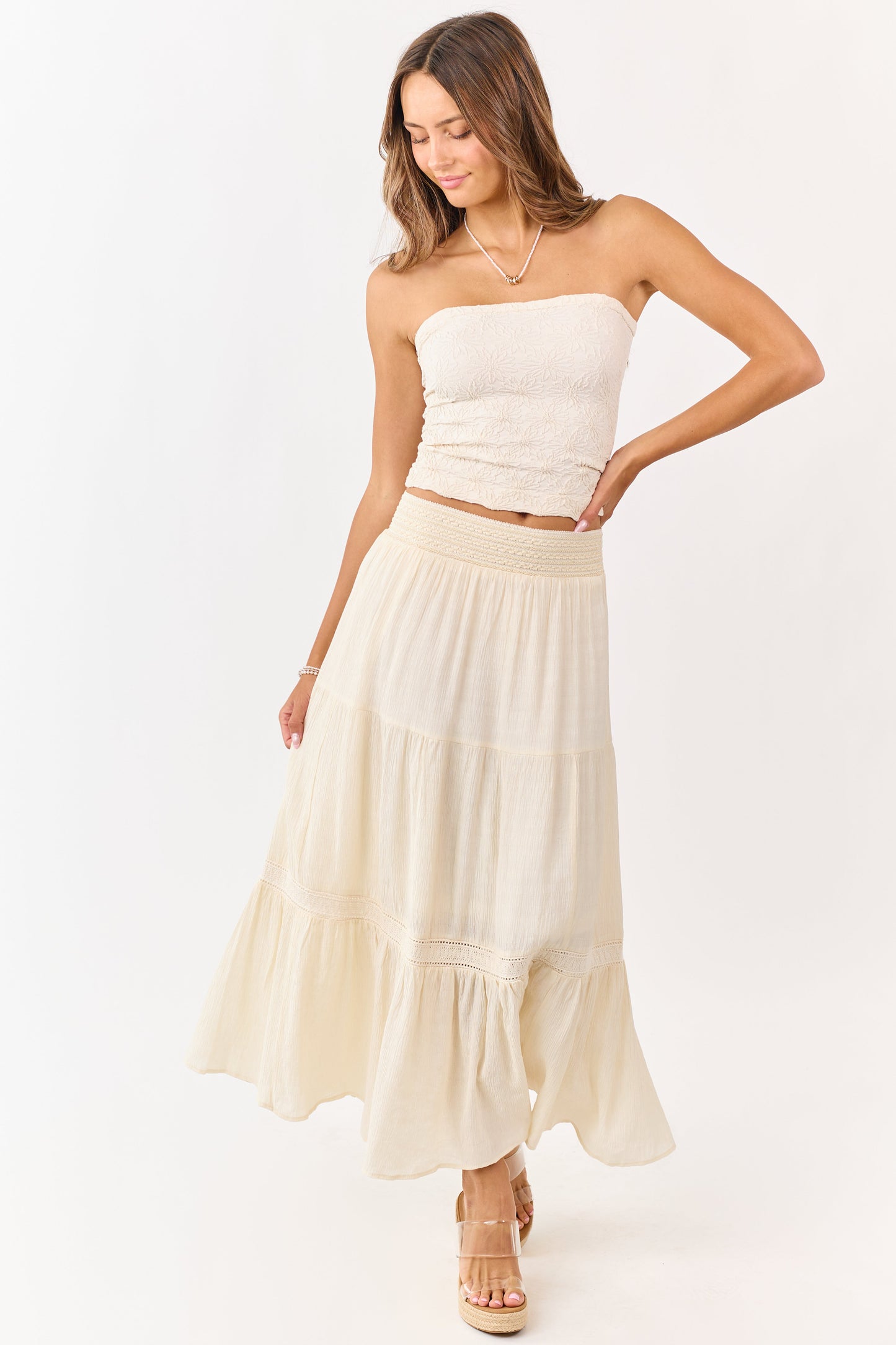 Cream Tiered Smocked Waistband Midi Skirt