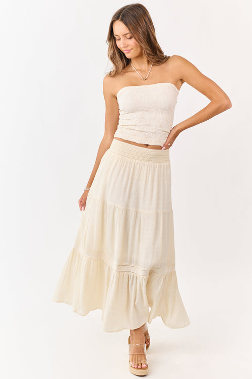 Cream Tiered Smocked Waistband Midi Skirt