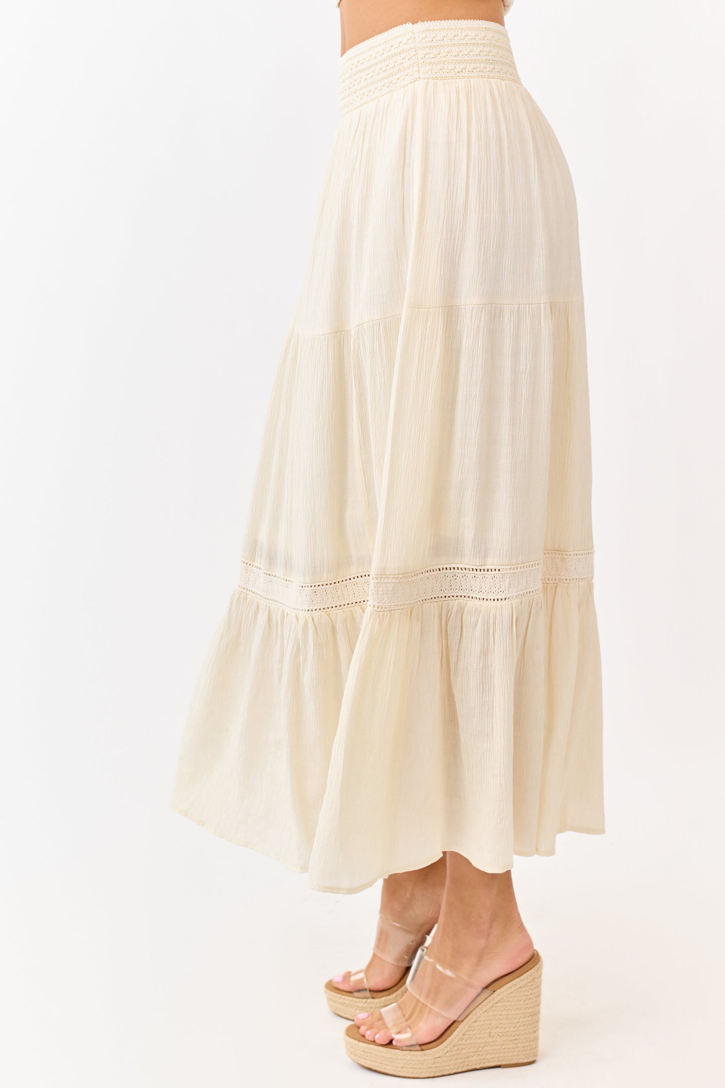 Cream Tiered Smocked Waistband Midi Skirt