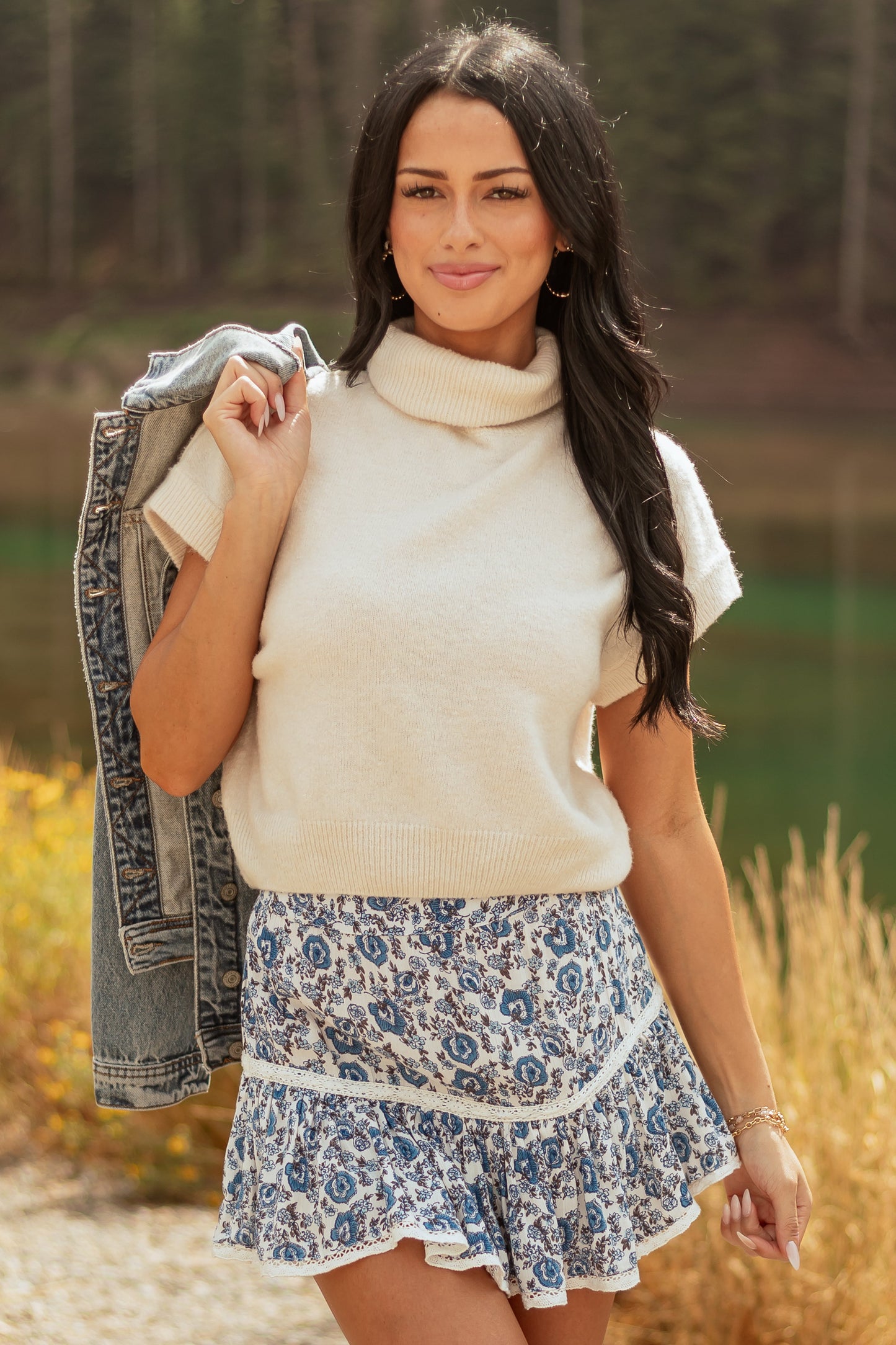 Cream Turtleneck Cap Sleeve Wool Blend Knit Top