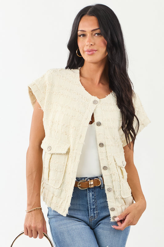 Cream Tweed Button Down Short Sleeve Top