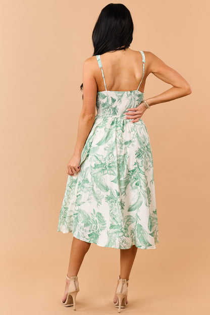 Cream and Pine Vintage Floral Print Midi Dress