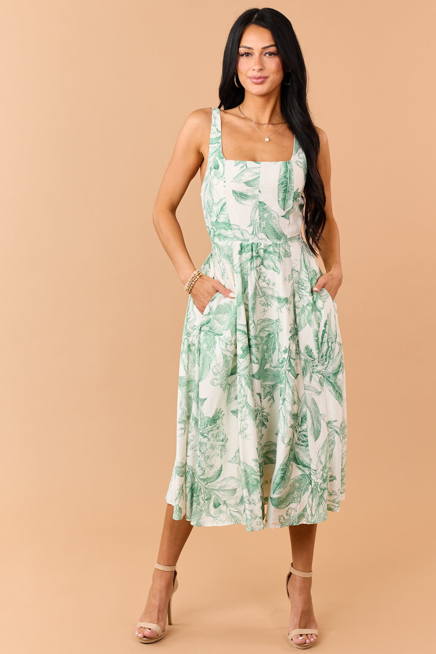 Cream and Pine Vintage Floral Print Midi Dress