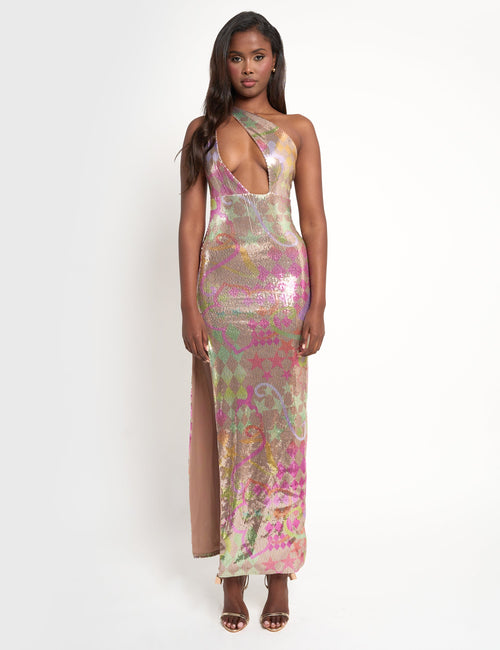 Sequin Printed Asymmetric Maxi Dress Multi