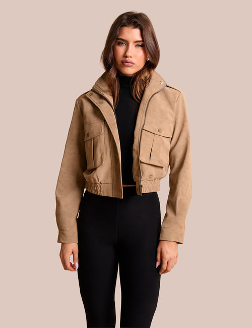 Faux Suede Cropped Bomber Jacket Beige