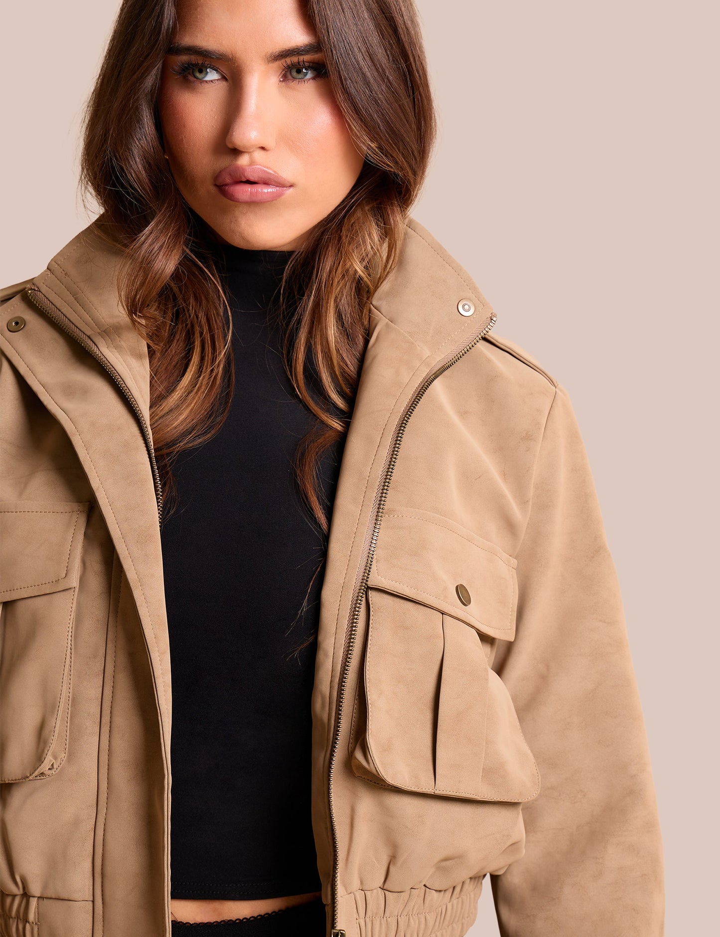 Faux Suede Cropped Bomber Jacket Beige