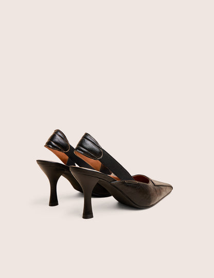 Malia Vintage Black Fold Over Detail Cushioned Slingback Court Heels
