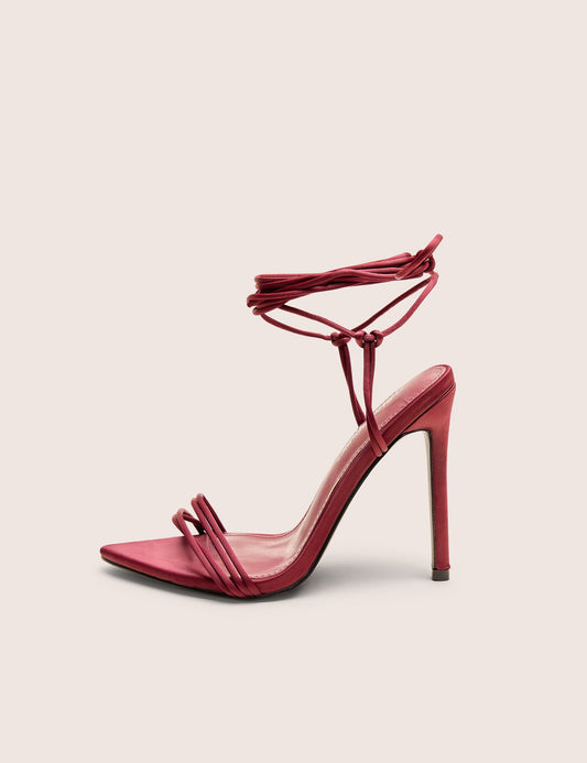 Merlot Burgundy Satin Lace Up Wrap Around Pointed Toe Stiletto Heels