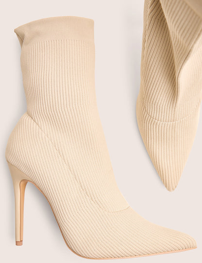 Mirival Off White Knitted Stiletto Sock Pointed Toe Ankle Boots