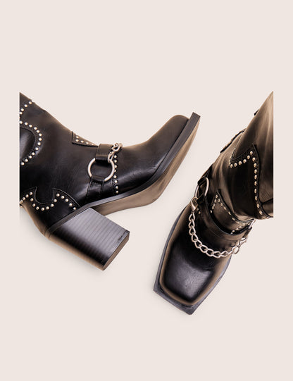 Nashville Black Western Studded Block Heel Knee High Boot