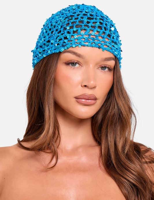 Crochet Sequin Head Piece in Blue