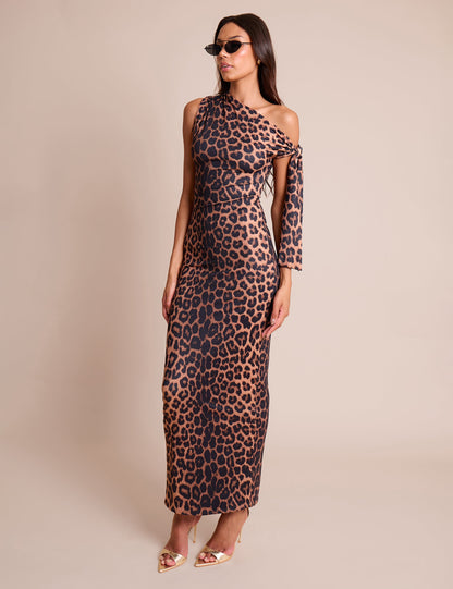 Knot Detail Asymmetric One Shoulder Luxe Slinky Maxi Dress Leopard