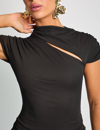 Slit Detail Cap Sleeve Mini Dress Black
