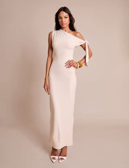 Knot Detail Asymmetric One Shoulder Luxe Slinky Maxi Dress Stone