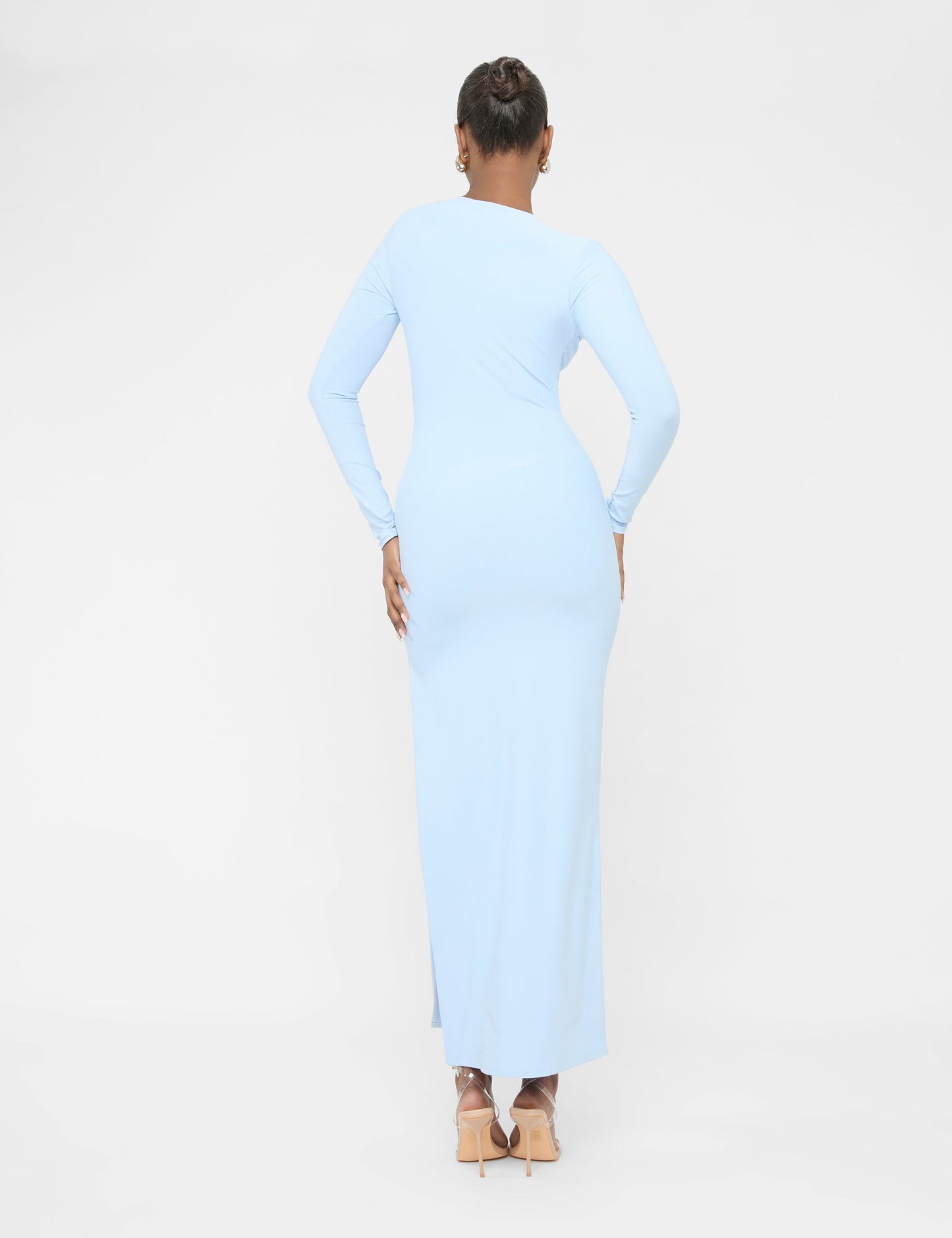 Long Sleeve Side Leg Split Luxe Slinky Maxi Dress Blue