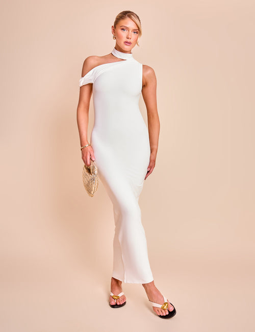 Asymmetric One Shoulder Choker Detail Luxe Slinky Midi Dress White
