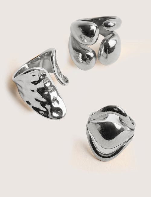 Chunky Abstract 3 Pack Classic Ring Stack Silver