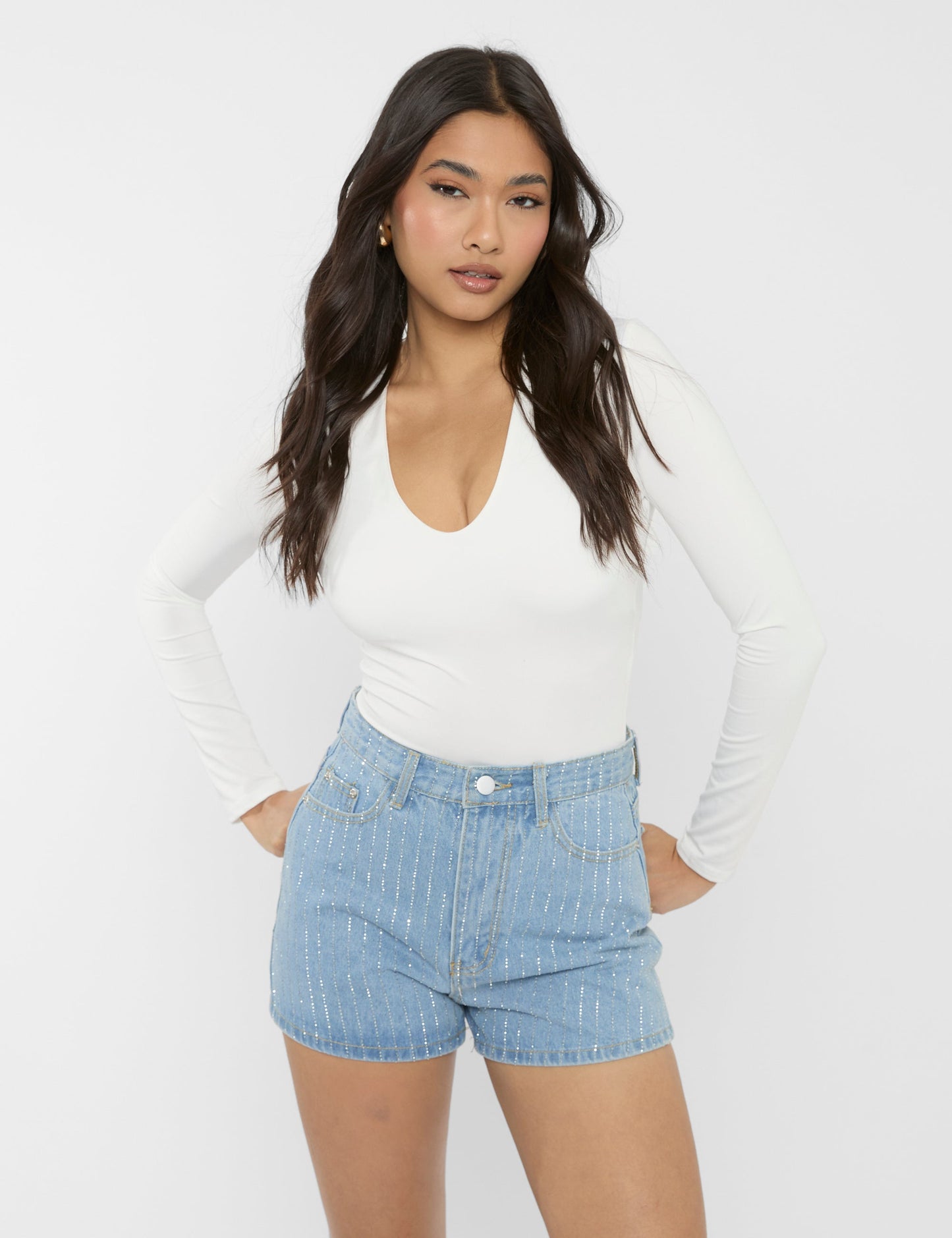High Waist Diamante Embellished Shorts Light Blue