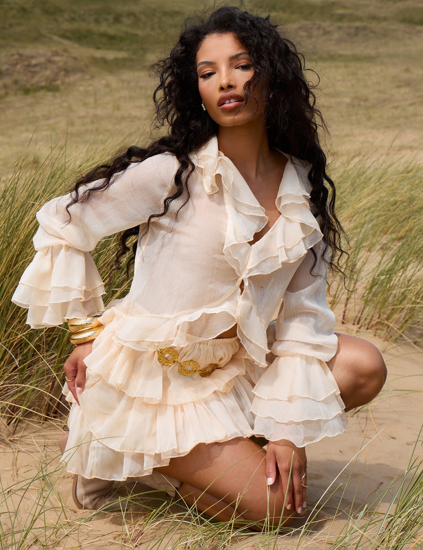 Sheer Ruffled Long Sleeve Crop Top Stone