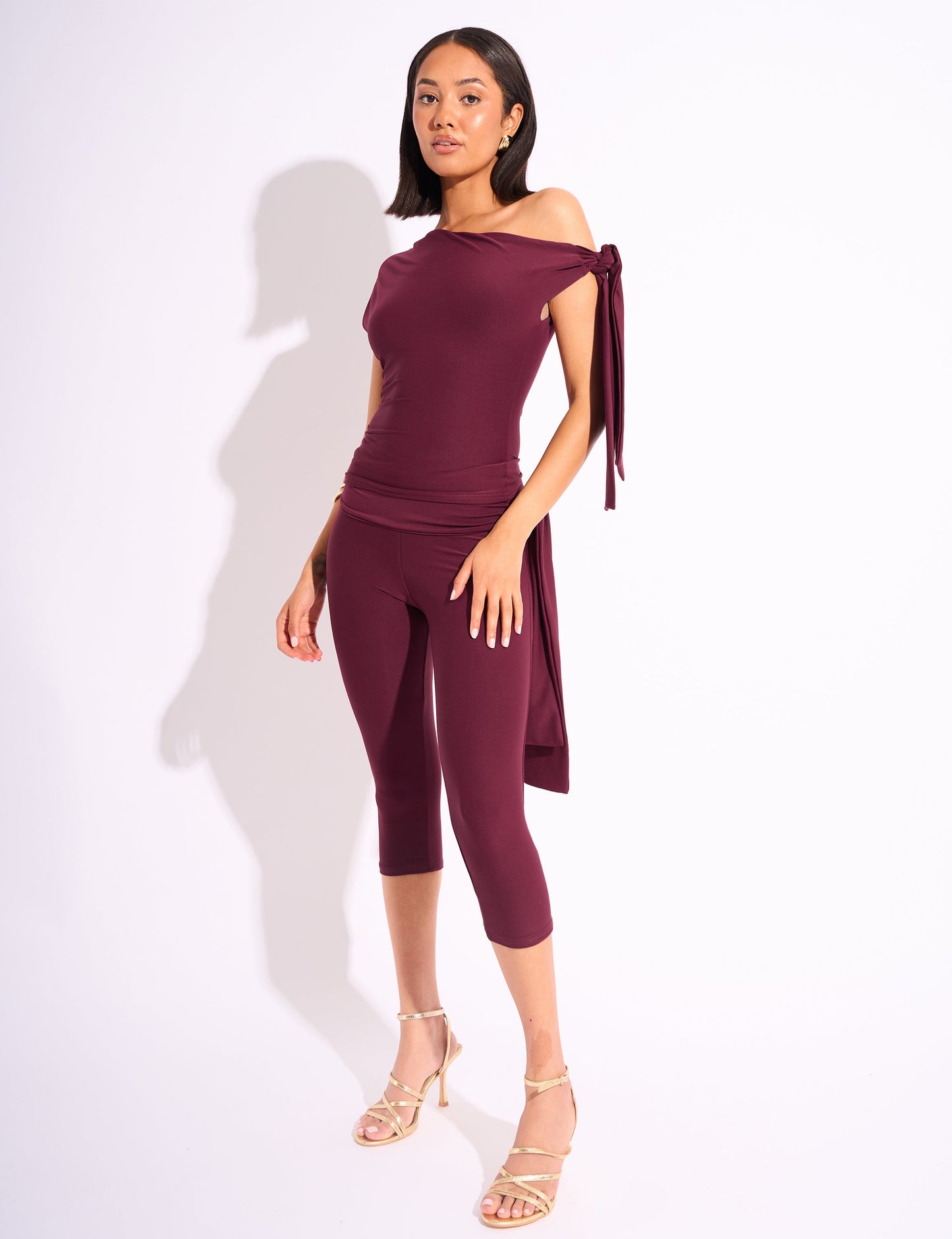Knot Detail Asymmetric One Shoulder Luxe Slinky Top Burgundy