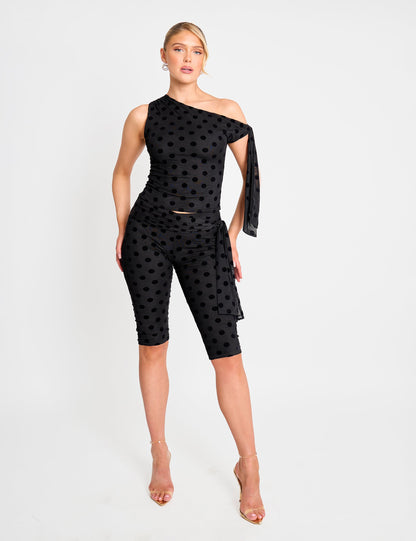 Knot Detail Asymmetric One Shoulder Polka Dot Devore Top Black