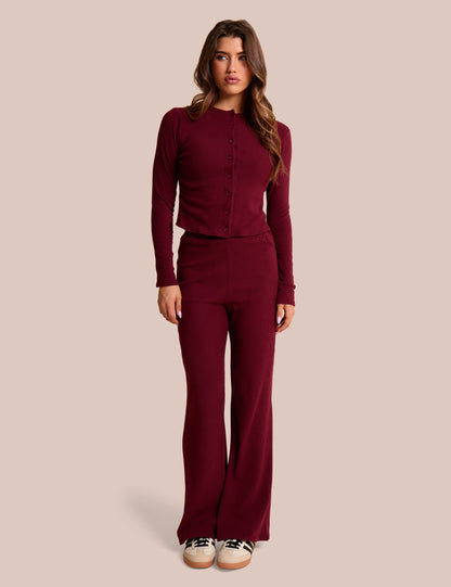 High Waist Rib Wide Leg Trouser Burgundy