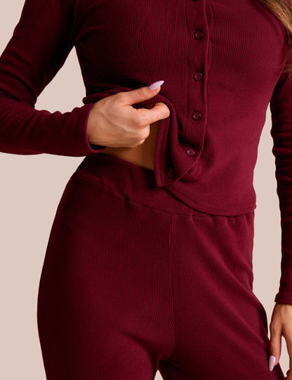 High Waist Rib Wide Leg Trouser Burgundy