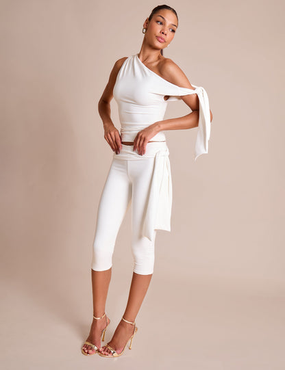 Knot Detail Tie Side Luxe Slinky Capri Pants White