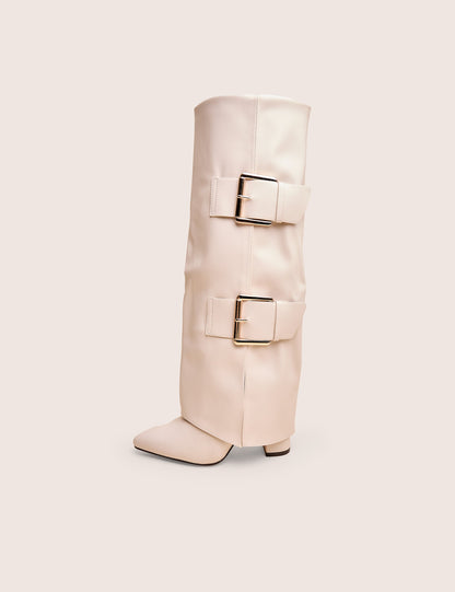 River Ecru Double Buckle Detail Pu High Knee Boots