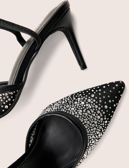 Rochie Black Mesh Embellished Sling Back Court Heels