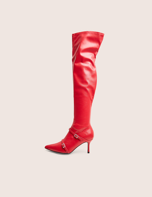Roulette Red Pointed Toe Diamante Buckle Mid Heel Over The Knee Sock Boots