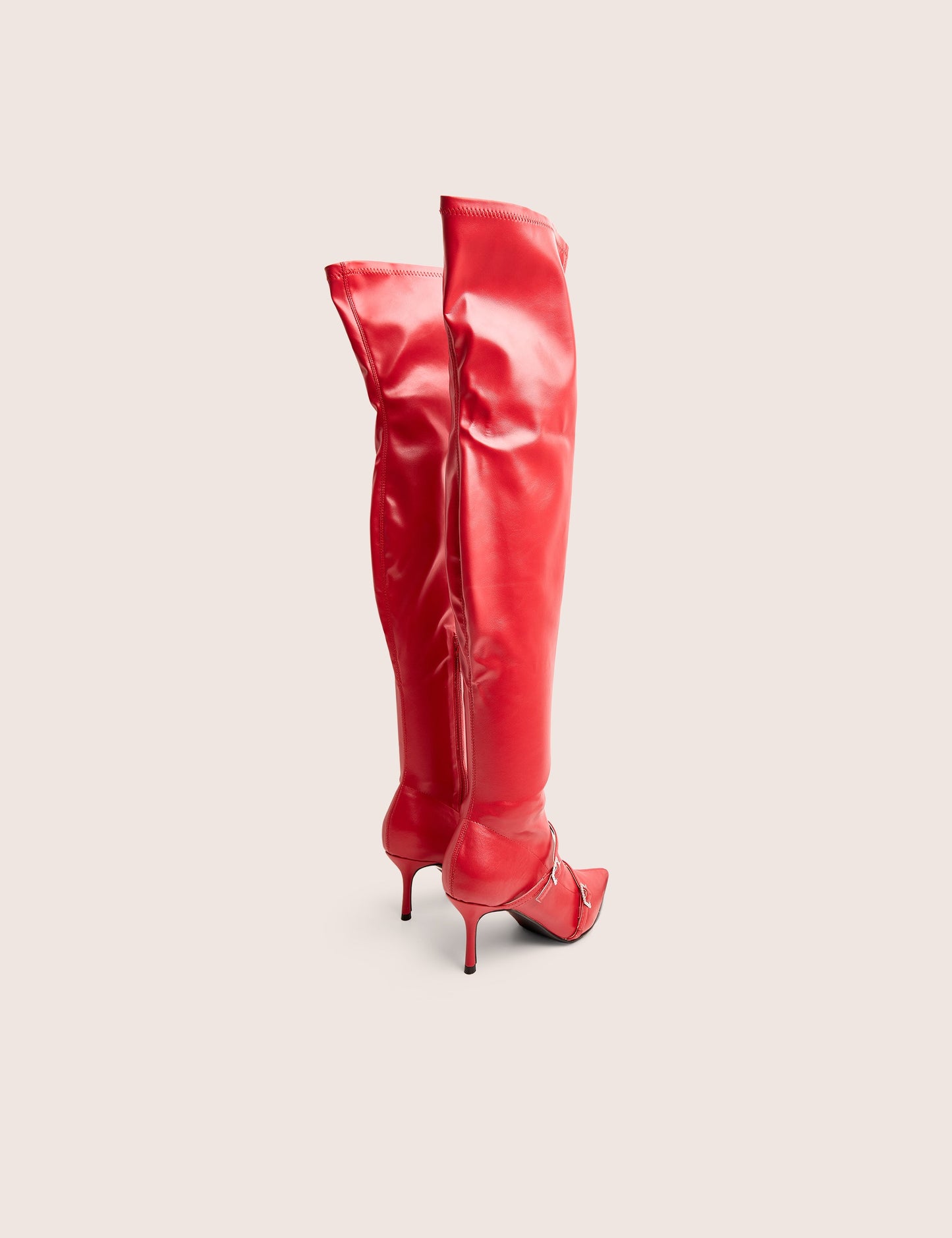 Roulette Red Pointed Toe Diamante Buckle Mid Heel Over The Knee Sock Boots
