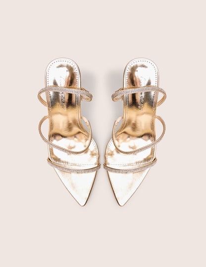 Seductive Gold Mirror Pu Diamante Strap Pointed Toe Stiletto High Heels