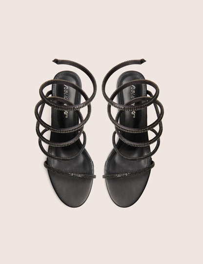 Spiral Black Diamante Wrap Around Ankle Mid Heels