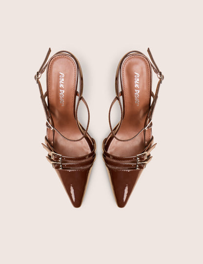 Sushi Brown Patent Buckle Detail Slingback Court Shoes