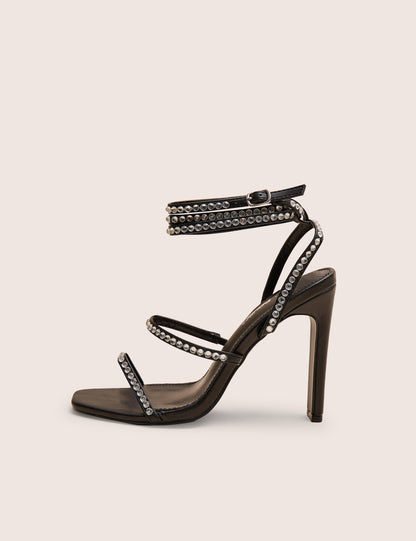 Ultra Chic Black Diamante Strappy Square Toe Slim Block Illusion Heel