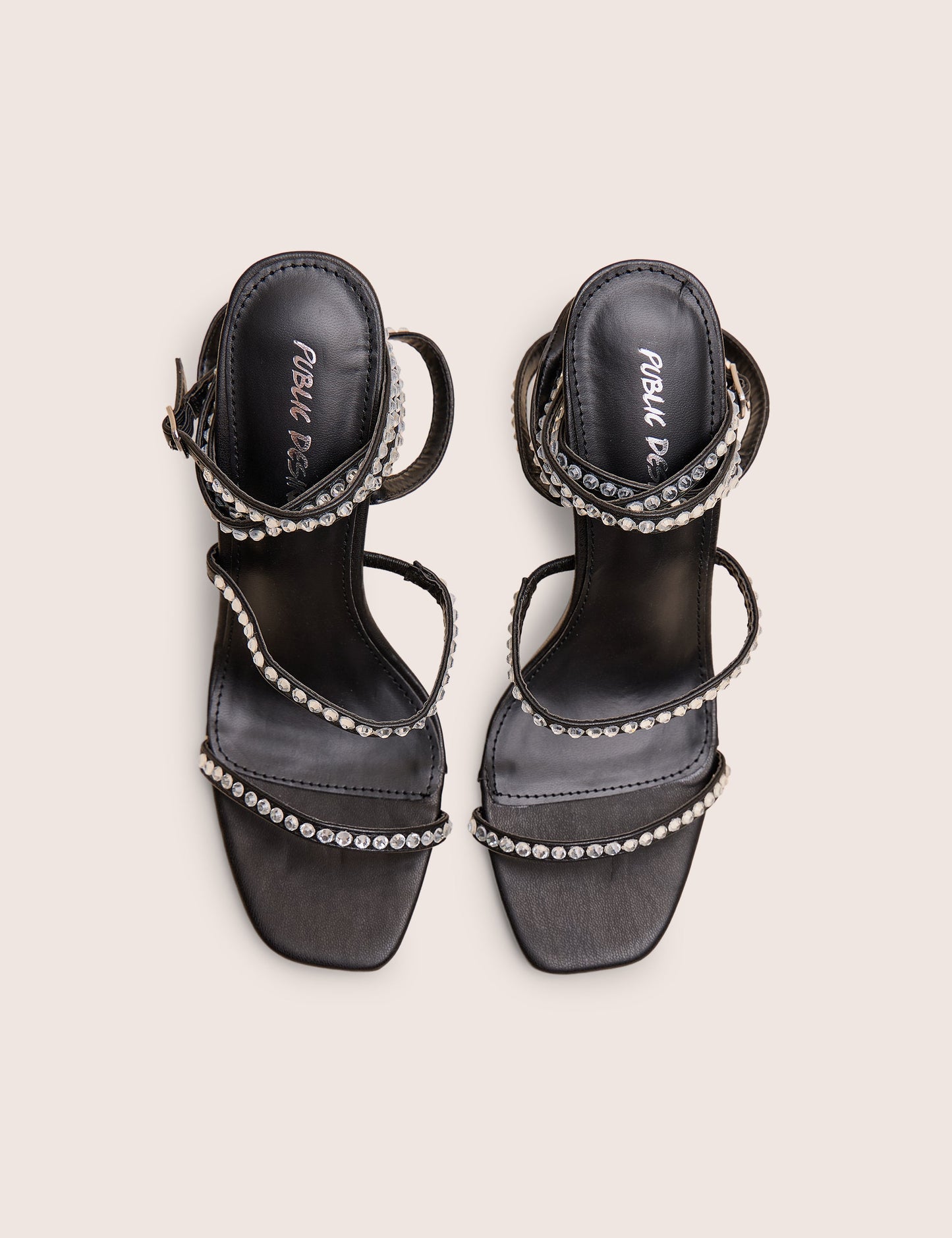 Ultra Chic Black Diamante Strappy Square Toe Slim Block Illusion Heel
