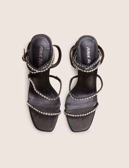 Ultra Chic Black Diamante Strappy Square Toe Slim Block Illusion Heel