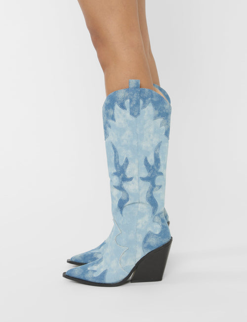 Underwood Mixed Denim Western Cowboy Block Heel Knee High Boots