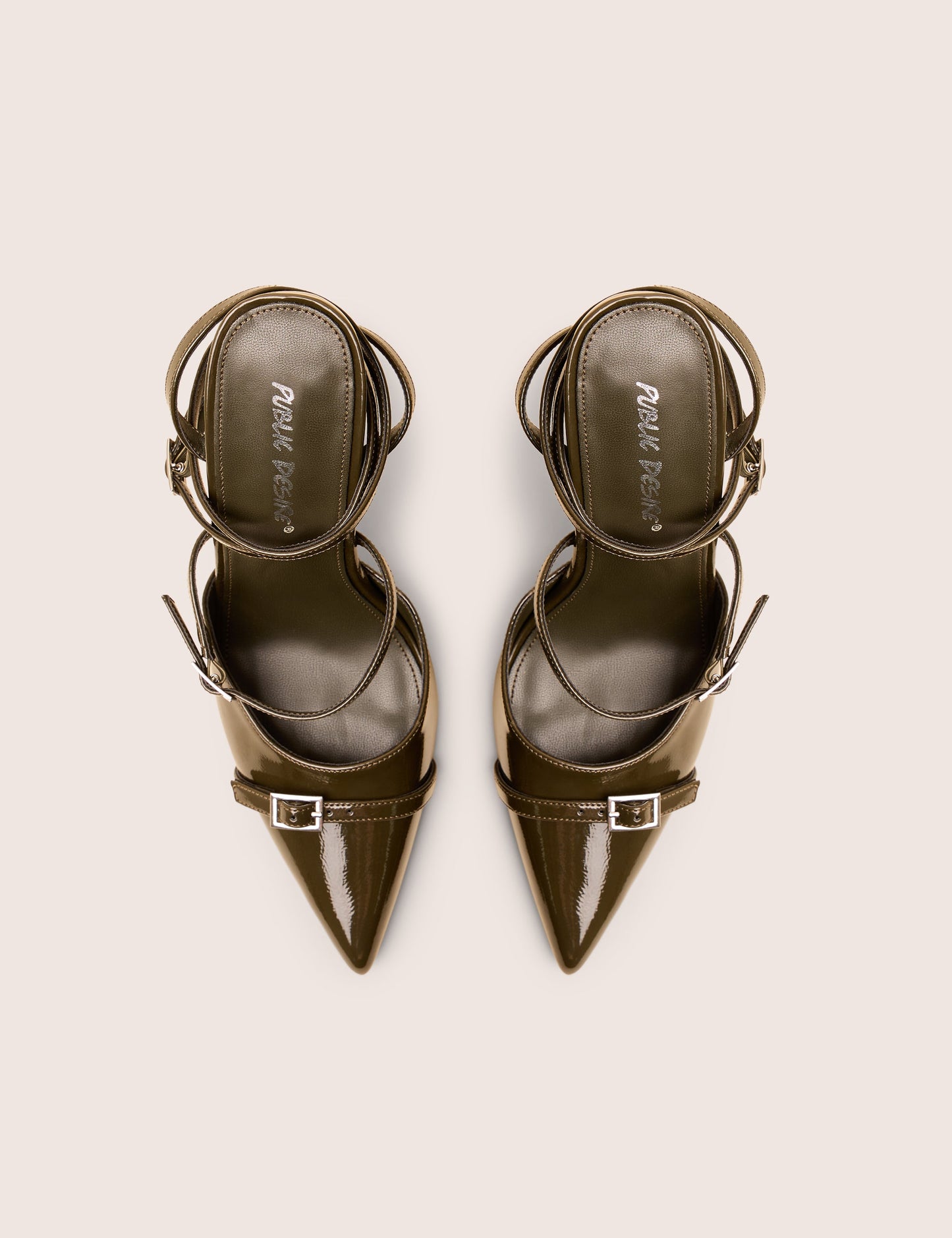 Viper Green Patent Three Strap Buckle Detail Court Heels