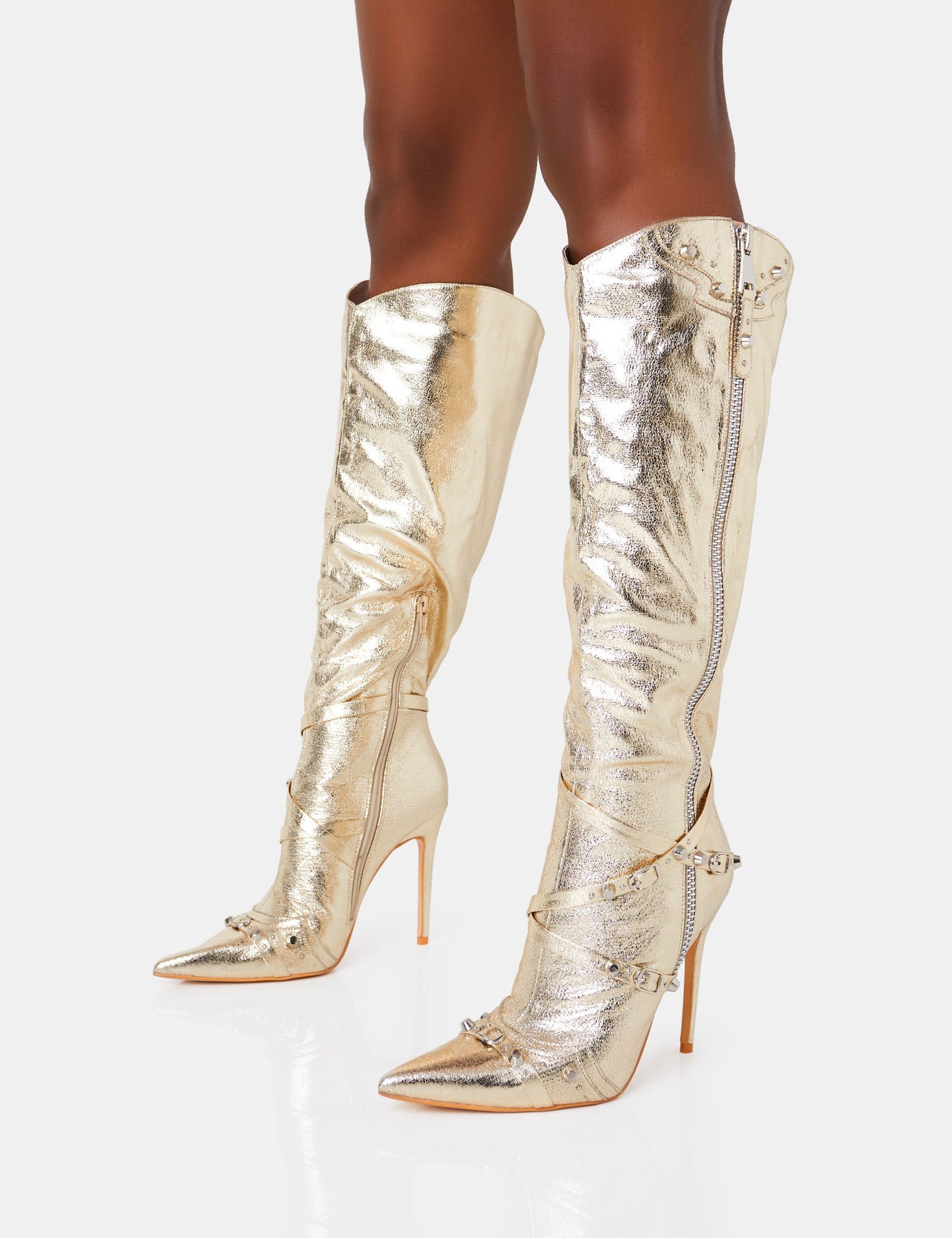 Worthy Metallic Gold Studded Zip Detail Stiletto Knee High Boots